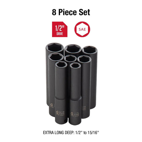 Beefy One Half Inch Drive Impact Socket Set, Extra Long Deep, Eight-Piece, SAE, From One Half To Fifteen Sixteenths, Cr-Mo Alloy Steel