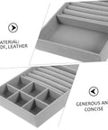Essential Leather Jewelry Tray With Five Grid Layout For Earring Display Plate And Ring Holder Countertop Organizer with grey leather material.