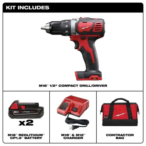 Heavy Duty 1/2 Inch Cordless Compact Drill Driver Kit With Raw Power Brushed Motor And Steady Torque Delivery Built For Tight Squeezes And Daily Grind On Any Construction Site Includes Two Long Lasting Batteries, includes drill and accessories in contractor bag.