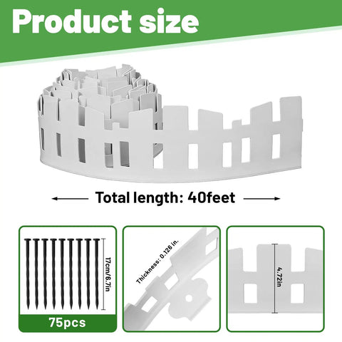 40 Ft Flexible No Dig Garden Edging Border With 60 Stakes White Plastic Lawn Edge for Flower Beds and Grass, product size details
