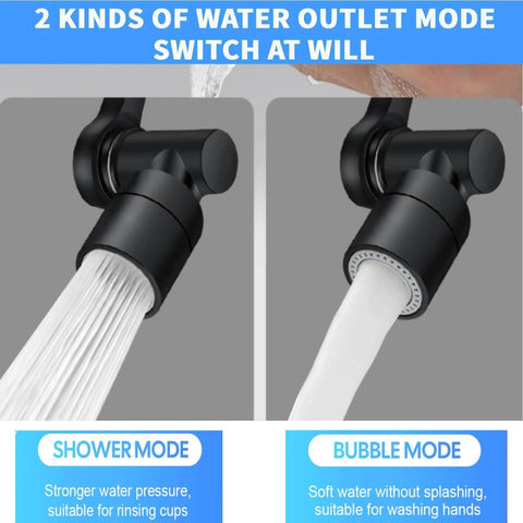 Ultra Versatile 1440 Degree Rotating Faucet Extender For Kitchen And Bath showing two water modes: shower and bubble.