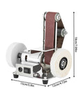 Compact Mini Electric Belt Sander With Polishing And Grinding Capabilities For Versatile Metal Wood Work Benchtop Sanding Station Home Workshop Use Stainless Steel Build Durable Design at various angles with dimensions.