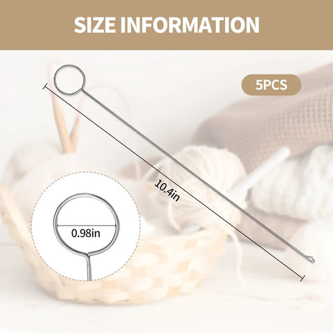 5Pcs Loop Turner Sewing Tool Kit 10.4 Inch Knot Gripper For Beads Straps Drawstrings And Craft Projects Pro Grade Stainless Steel Tube Turner For Beads And DIY Creations shown with size details in basket.