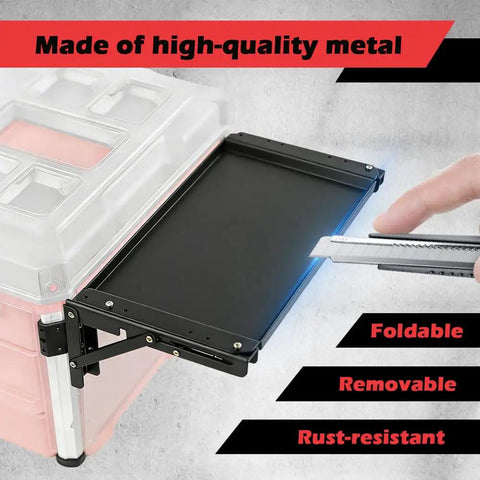 Foldable Magnetic Work Table For Packout System attached to toolbox, showing metal surface with foldable rails in use