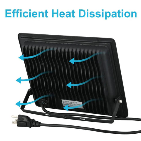 Back view of 2 Pack 100W LED Flood Lights Outdoor With Plug, showing heat dissipation design and plug in detail.
