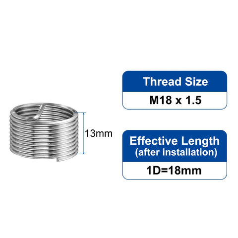 10 Pack M18x1.5 Wire Thread Inserts 1D 18mm Effective Length 304 Stainless Steel Helical Coiled Type Thread Repair Kit