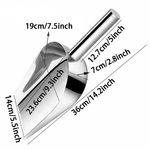 14.2 Inch Fire Pit And Garden Ash Shovel, Heat Resistant Stainless Steel, Lightweight 0.8 Lb, dimensions labeled, shiny surface
