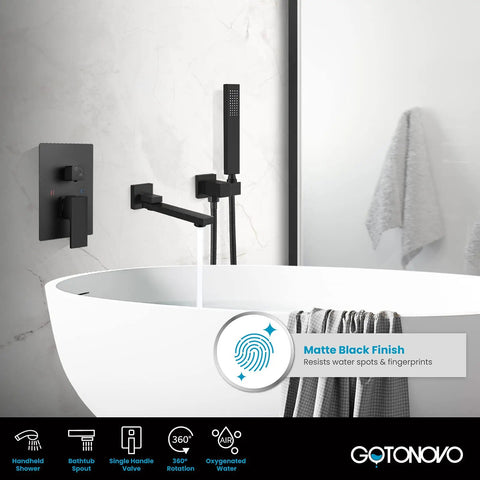 Wall Mounted Bathtub Faucet With Handy Sprayer Built To Last Matte Black Tub Shower Set Single Handle Mixer With 2 In 1 Diverter And Swivel Spout Rough In Valve Included by modern bathtub