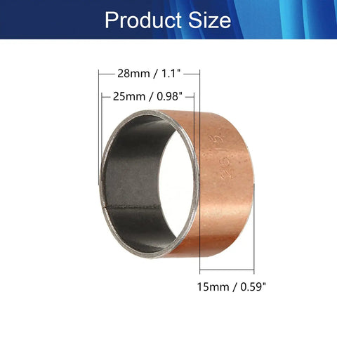1 Piece Carbon Steel Bronze Sleeve Bearing 25Mm Inner Diameter 28Mm Outer Diameter 15Mm Long shown with size measurements.