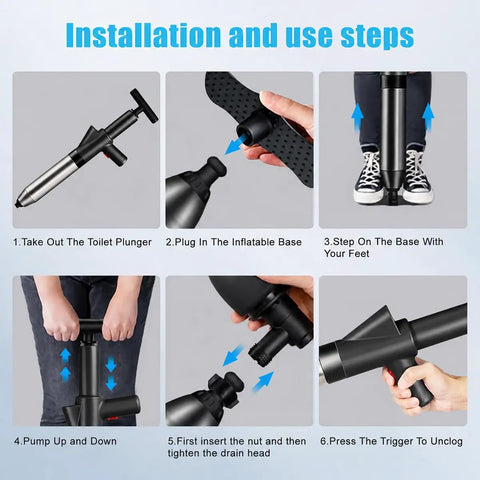 Installation steps for Heavy Duty Air Drain Blaster With Real Time Barometer And Storage Bag, High Pressure Toilet Plunger.