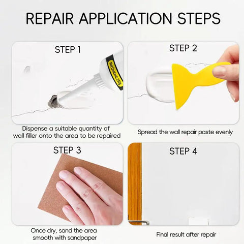 Drywall Repair Kit With Scraper 2 Pack Wall Putty For Mildew Peeling Paint Graffiti And Quick Fix For Cracks Dents And Scratches Includes Sandpaper Gloves And Precision Nozzle Tip No Pro Skills Needed application steps