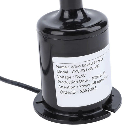 Close-up of wind speed monitoring sensor with label showing model and voltage, part of 0.8m plug and play cable RS485 Modbus unit
