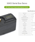 Beefy 30Kg Torque Servo Motor With Metal Gear ST3215, black housing, gold gear, specifications table visible next to the motor