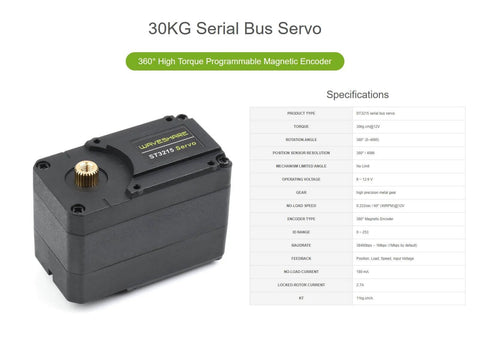 Beefy 30Kg Torque Servo Motor With Metal Gear ST3215, black housing, gold gear, specifications table visible next to the motor