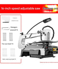 Kicker Desktop Jigsaw Saw Boasting A Kickass 150 Watt Motor Plus Roomy Fourteen Inch Work Area For No Sweat Wood Crafting DIY Project Assembly And Darn Fine Precision Carving Anytime with 16-inch adjustable speed saw.