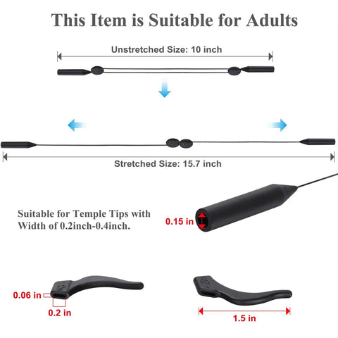 Sunglasses Strap Set For Men And Women Adjustable Eyewear Cord Lanyard measurements and ear hook details.