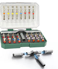 Huge Hit 33 in 1 Magnetic Screwdriver Set With Multi Bit Ratcheting Tool, Ergonomic T Handle Driver Featuring Long And Short Bits For PH Torx Hex PZ And More Ultimate Handyman Kit open case with bits