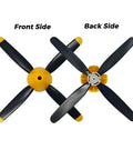 Front and back view of a four-blade propeller and nose cone for Three Sets Of Four Blade Propellers For 500mm P51 Mustang Brushless RC Plane.
