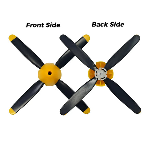 Front and back view of a four-blade propeller and nose cone for Three Sets Of Four Blade Propellers For 500mm P51 Mustang Brushless RC Plane.