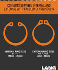 Lang Tools snap ring pliers infographic; orange internal/external ring sizes 3/8–3 in and 1/4–3-1/2 in.