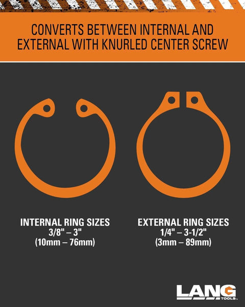 Lang Tools snap ring pliers infographic; orange internal/external ring sizes 3/8–3 in and 1/4–3-1/2 in.
