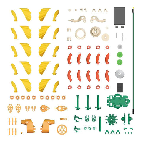 SolarFlower Golden Sunrise STEM Kit Build A Motorized Solar Powered Flower With Spinning Colorful Petals A Dope Educational Gift For Kids Ages Eight And Up And Adults Great For Home Or Classroom Projects And Gift Ideas. parts laid out on white background