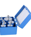 Pro Grade Chrome Calibration Weight Set 2000G Kit With 16 Pieces displayed in blue storage case, precise M2 calibration tools