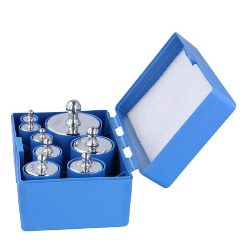 Pro Grade Chrome Calibration Weight Set 2000G Kit With 16 Pieces displayed in blue storage case, precise M2 calibration tools