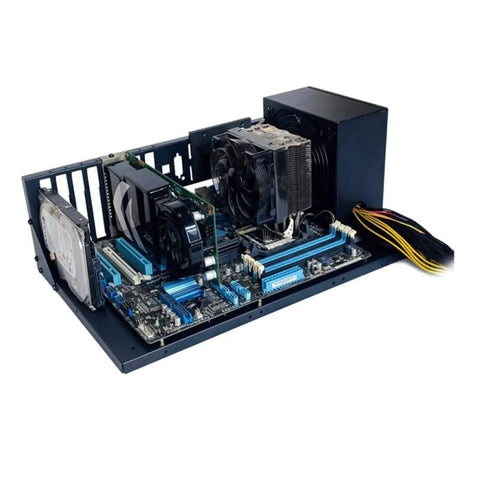 Open Air PC Case For ATX Micro ATX And Mini ITX Motherboards Up To 305x245mm Open Chassis Gaming Build Ready DIY Friendly With Space For One SSD And One HDD Power Supply Not Included, shown with installed components.
