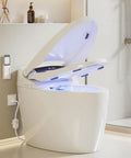 Premium Smart Toilet With Built In Bidet, tankless heated seat, open lid, and illuminated interior in modern bathroom.