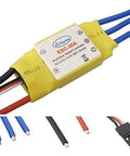 30A Brushless ESC for RC Helicopter Plane and Multirotor with a beefy 40A Burst Up to 10 Seconds Supports 2 to 3S LiPo or 5 to 9S NiMH NiCd BEC 2A 5V Compact 45x24x11mm, yellow casing with wires