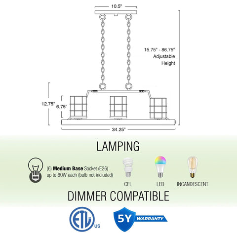 Diagram of Farmhouse Dope 6 Light Kitchen Island Light with cage shades, dimensions, ETL listing, dimmer compatibility.