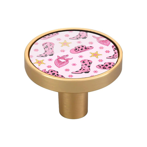 Pink Cowboy Boot Cabinet Knobs 4 Pack Round 1 1 4 Inches Drawers Pulls For Dresser And Kitchen Cabinets with gold base.