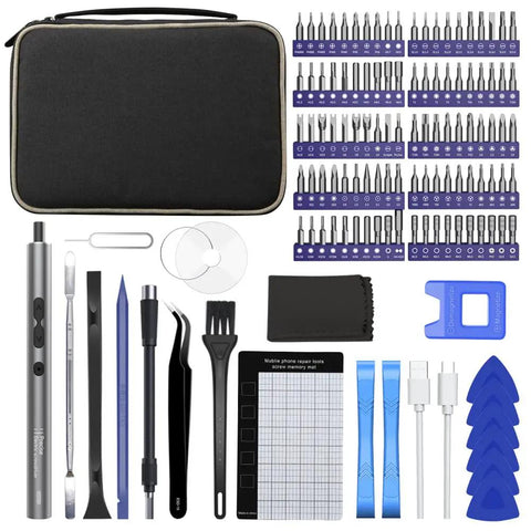 Mini Electric Screwdriver Set 120 In 1 Portable Cordless Power Kit With 100 Precision Bits And Led Light For Phone Watch Camera Laptop Repairs A Handy Fix It Tool For Home Office And On The Go, tools displayed with case.