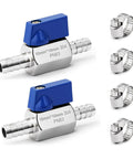 2 Pack Three Eighths Inch Hose Barb Mini Ball Valve Set In 304 Stainless Steel, Built To Last Workhorse Shutoff Valves With Clamps For Water Oil Gas And Chemical Use, Leak Proof Durable Pro Grade Plumbing, shown with clamps