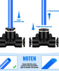 Diagram showing 20 Pack 1 Quarter Inch Pneumatic Push To Connect Tee Fittings Plastic 3 Way Air Line Adapter Quick Connect Tube Connectors