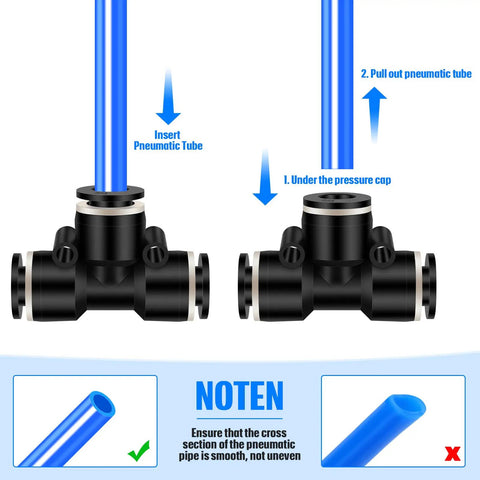 Diagram showing 20 Pack 1 Quarter Inch Pneumatic Push To Connect Tee Fittings Plastic 3 Way Air Line Adapter Quick Connect Tube Connectors