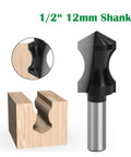 Top Notch 1/2 Inch Pointed Arc Slotting Router Bit For Baseboard Molding With Black Handle, shown with wood and 12mm shank.