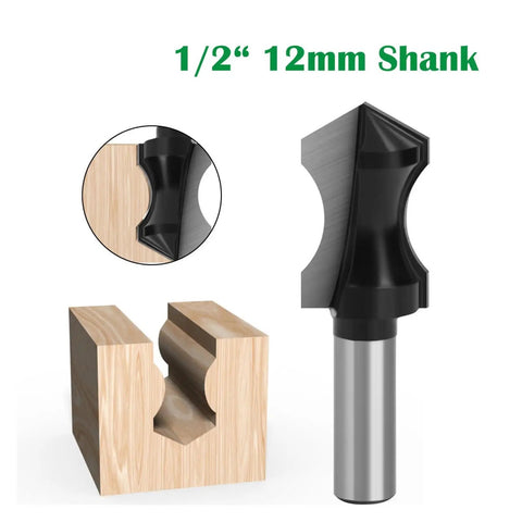 Top Notch 1/2 Inch Pointed Arc Slotting Router Bit For Baseboard Molding With Black Handle, shown with wood and 12mm shank.