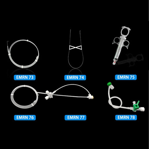 Assorted medical tubing and syringe connectors labeled EMRN 73 to 78, for Bulk 500 Pack Catheter Clamps For Luer Lock And Catheter Systems.