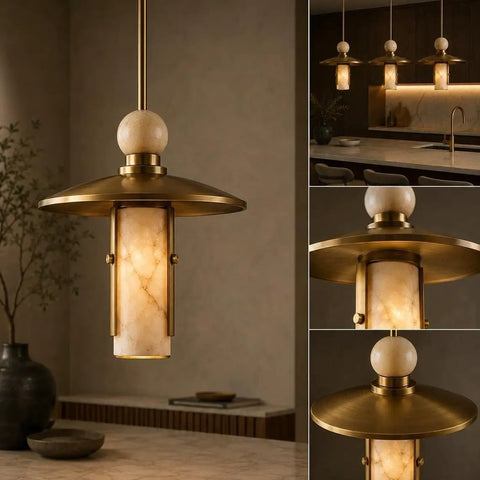 Modern Brass Pendant Chandelier Light Fixture with Alabaster Cylinder Shade Luxury Natural Stone Hanging Ceiling Light with Spherical Marble Accent for Kitchen Dining Room, Bar & Living Room Set of 3 in stylish kitchen setting.