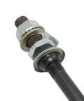 Hardened Steel Front Bike Hub Axle 150mm 3/8 Inch 26 Tpi Black With Cone Lock Nut Washer Kit close-up showing threaded ends.