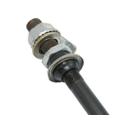 Hardened Steel Front Bike Hub Axle 150mm 3/8 Inch 26 Tpi Black With Cone Lock Nut Washer Kit close-up showing threaded ends.