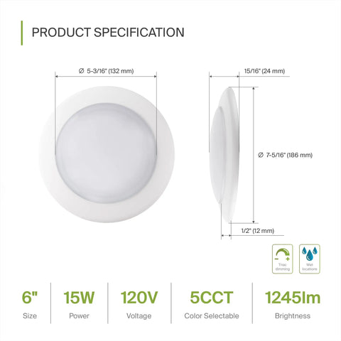 Slick 12 Pack Led Disk Lights 6 Inch Flush Mount Ceiling Fixtures With 5Cct Adjustable Color Tuning And CRI90 Plus Rich Natural Illumination Zero Hassle Setup, product dimensions and specifications.
