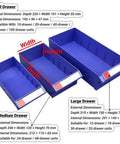 Three sizes of plastic drawers with labels for stainless steel nuts and bolts storage cabinet with 52 drawers and no door.