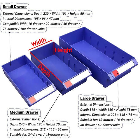 Heavy Duty Metal Parts Cabinet With Fifty Two Smooth Gliding Drawers Built Legit Tough For Bolt Nut Hardware Sorting And Top Shelf Workshop Garage Storage, showing three drawer sizes.
