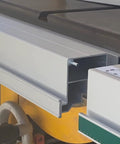 Close-up of Heavy Duty Digital Table Saw Fence System built tough with industrial steel and aluminum for precise cuts.