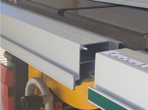 Close-up of Heavy Duty Digital Table Saw Fence System built tough with industrial steel and aluminum for precise cuts.