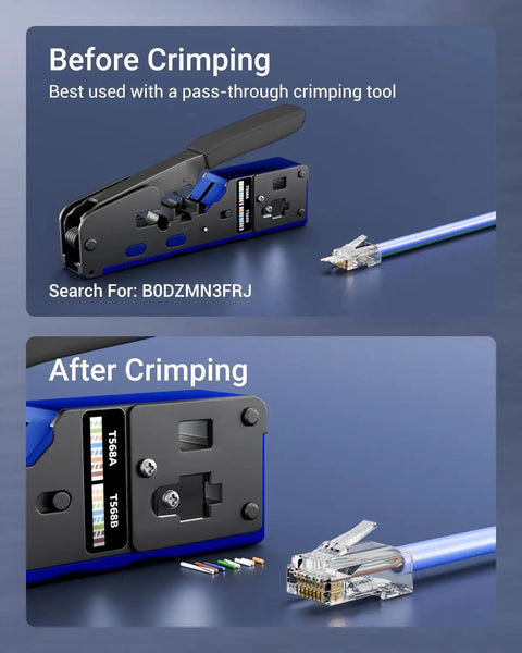 Pro Grade 25 Pack Cat6 RJ45 Pass Through Connectors, UL Listed, 10Gbps Unshielded Ethernet Plugs shown before and after crimping