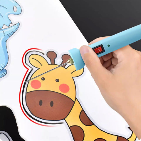 Hand using Electric Foam Cutter Pen With Quick Heat Up 24W Hot Wire Cutter for precise engraving on polystyrene giraffe shape.